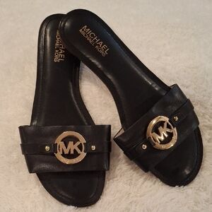 Michael Kors Black Leather Slide Sandals with Gold Logo